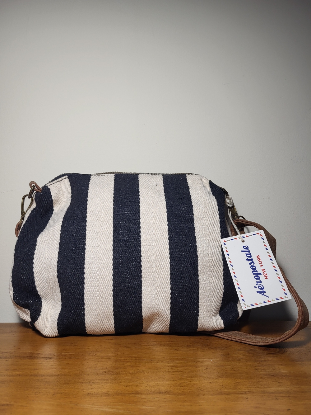 Aeropostale Navy and White Striped Crossbody Bag